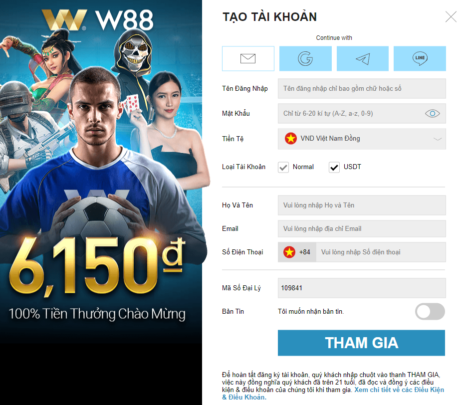 Thông tin đăng ký tài khoản W88 chi tiết